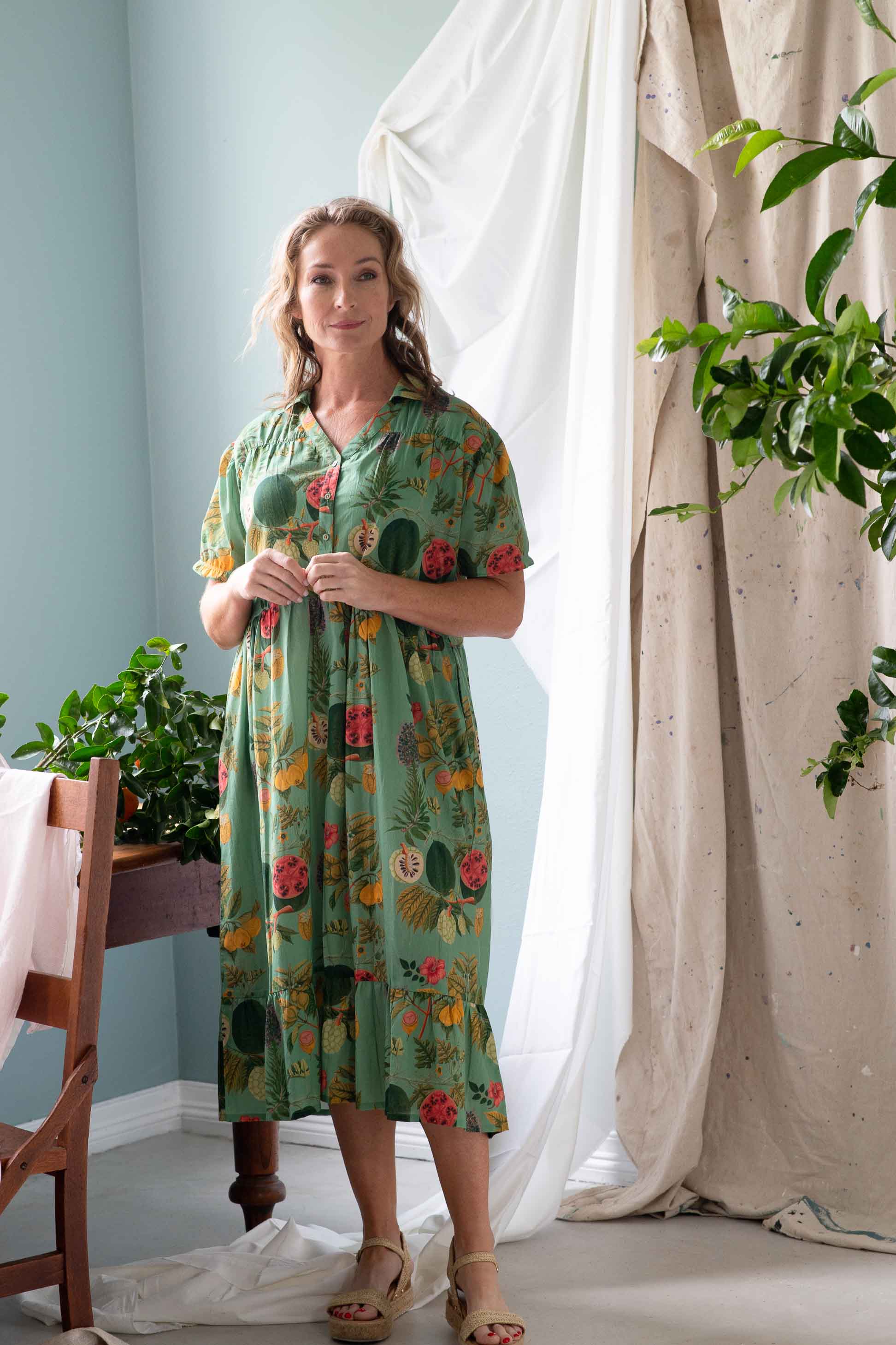 Georgia Tropics floral dress in natural light