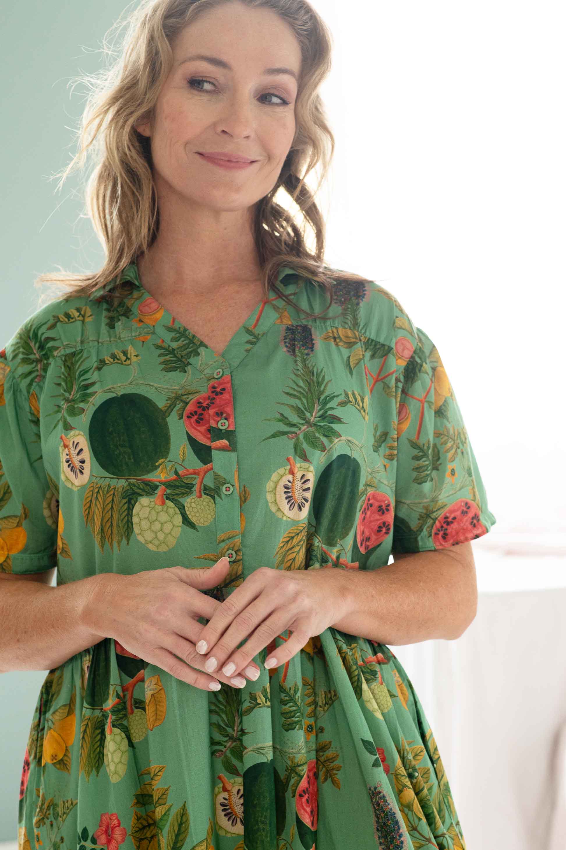 Georgia Tropics print dress on woman