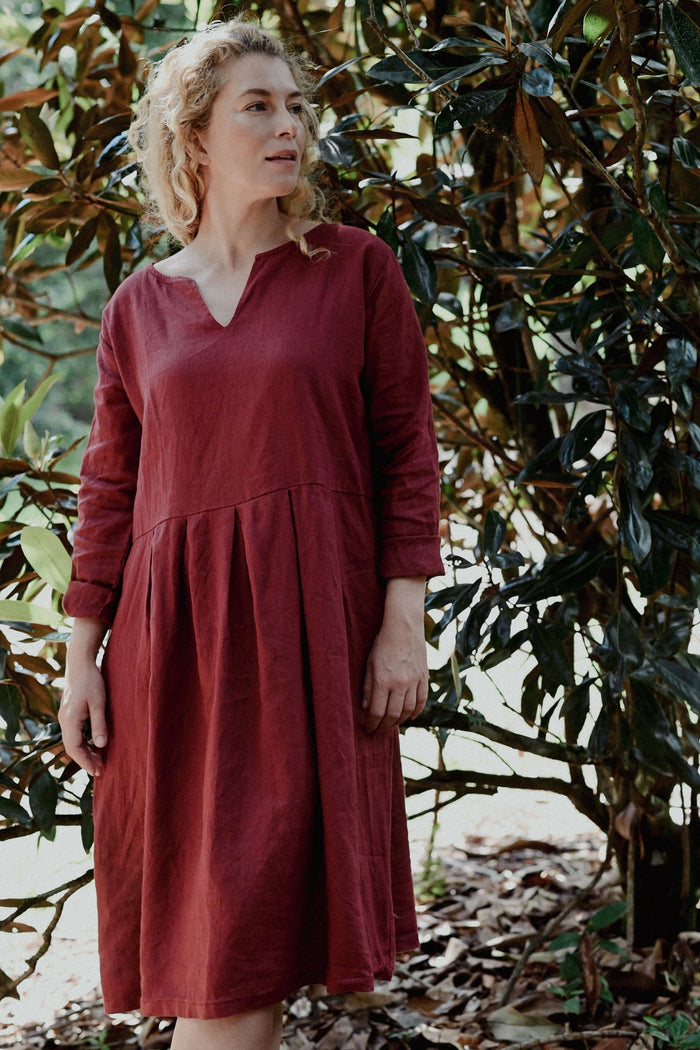 Linen Dress in Rosewood with Buttons and Curved Hem Linen Dress in Rosewood with Buttons and Curved Hem