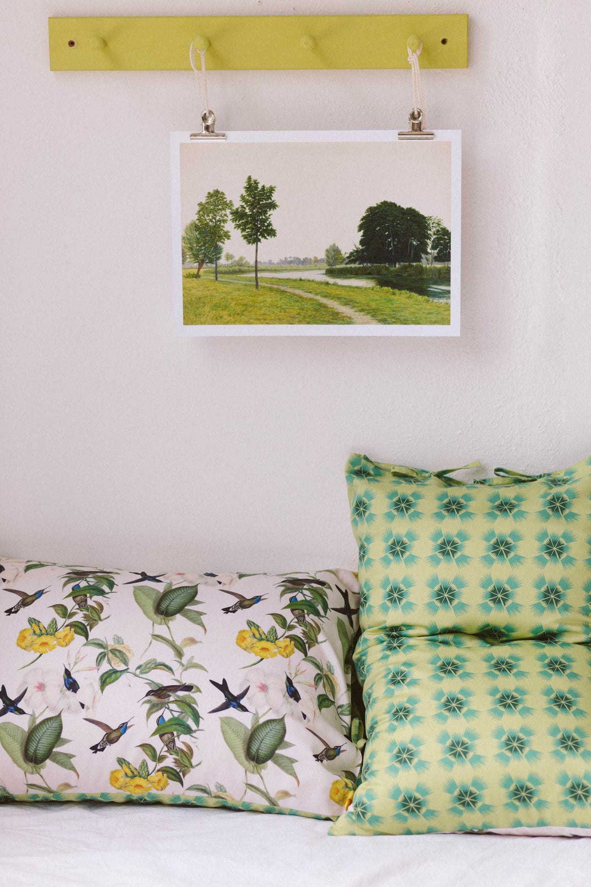Hummingbird pillowcase set with art print of tranquil park scene.