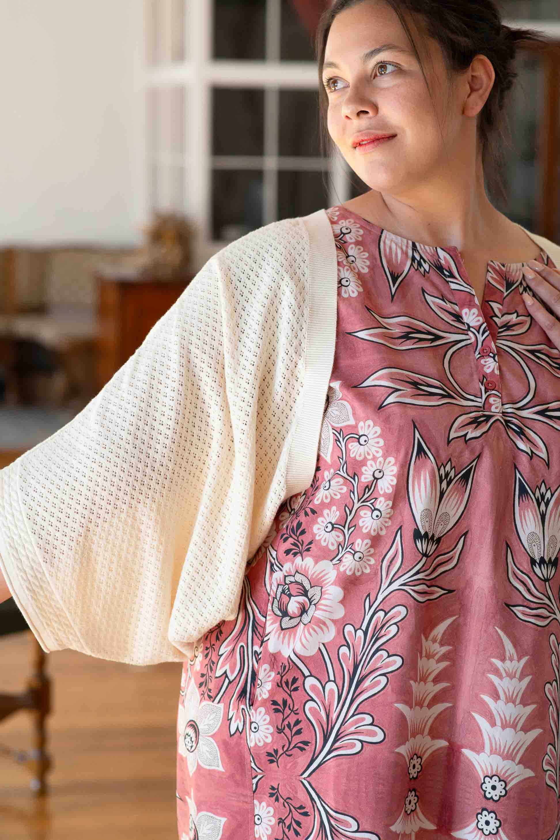Jilly Shrug Lana French Floral dress, woman smiling