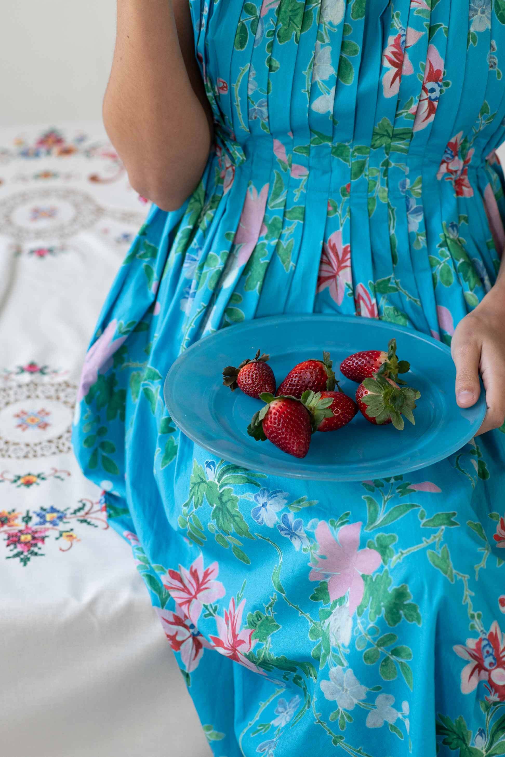 blue dress with strawberries Katy Bluesette Drawstring and Side Pockets Strawberry print midi dress