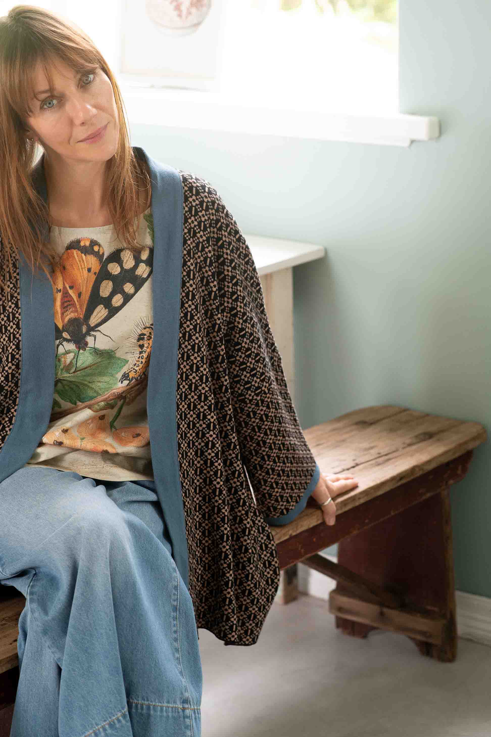 Lola cardigan with insect print tee and denim jeans