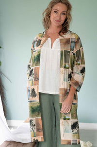Julie White in nature-print jacket.