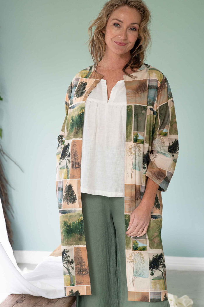 Julie White in nature-print jacket.