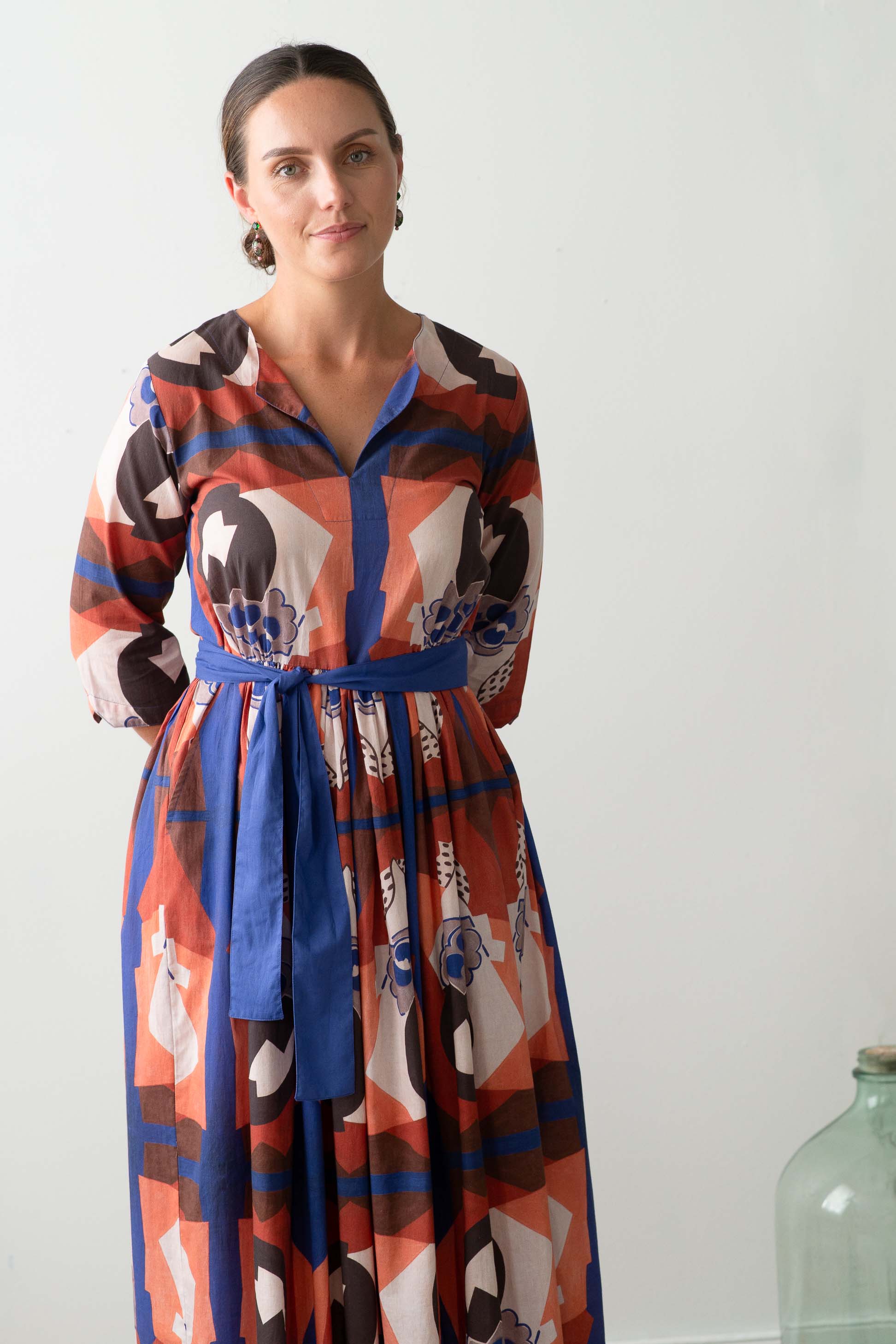 Woman wearing Michaela dress, patterned long dress