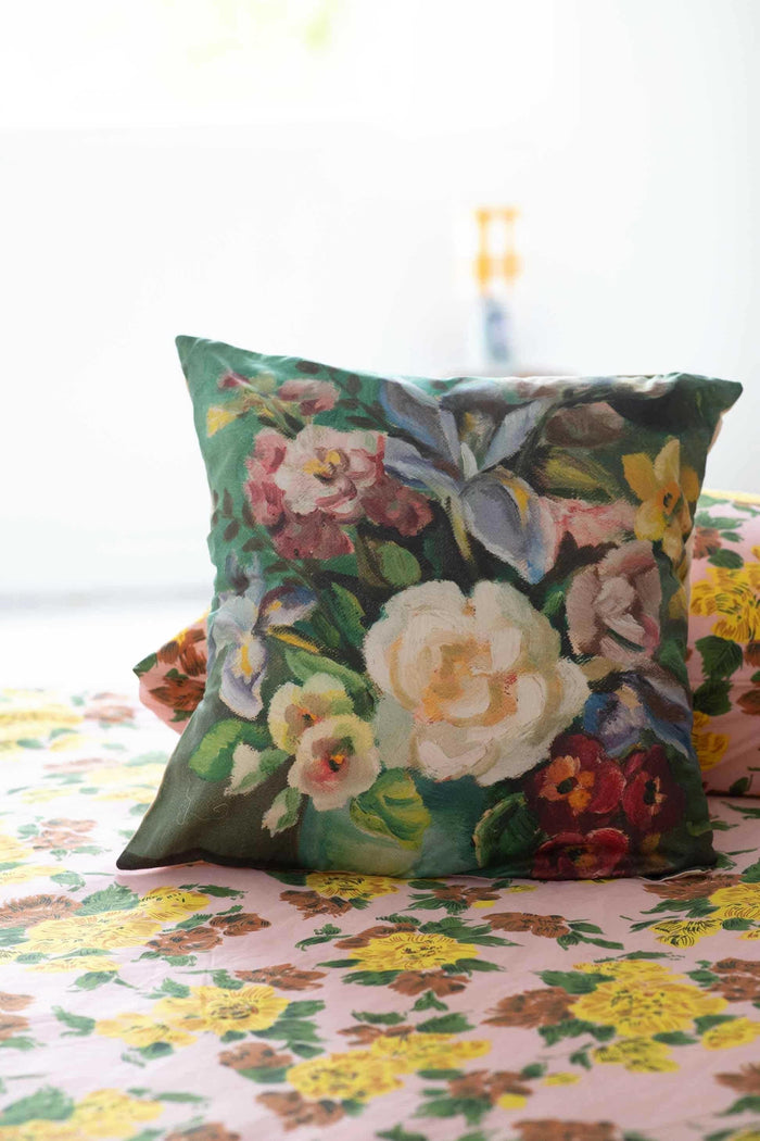 Painted floral cushion with zinnia sheet