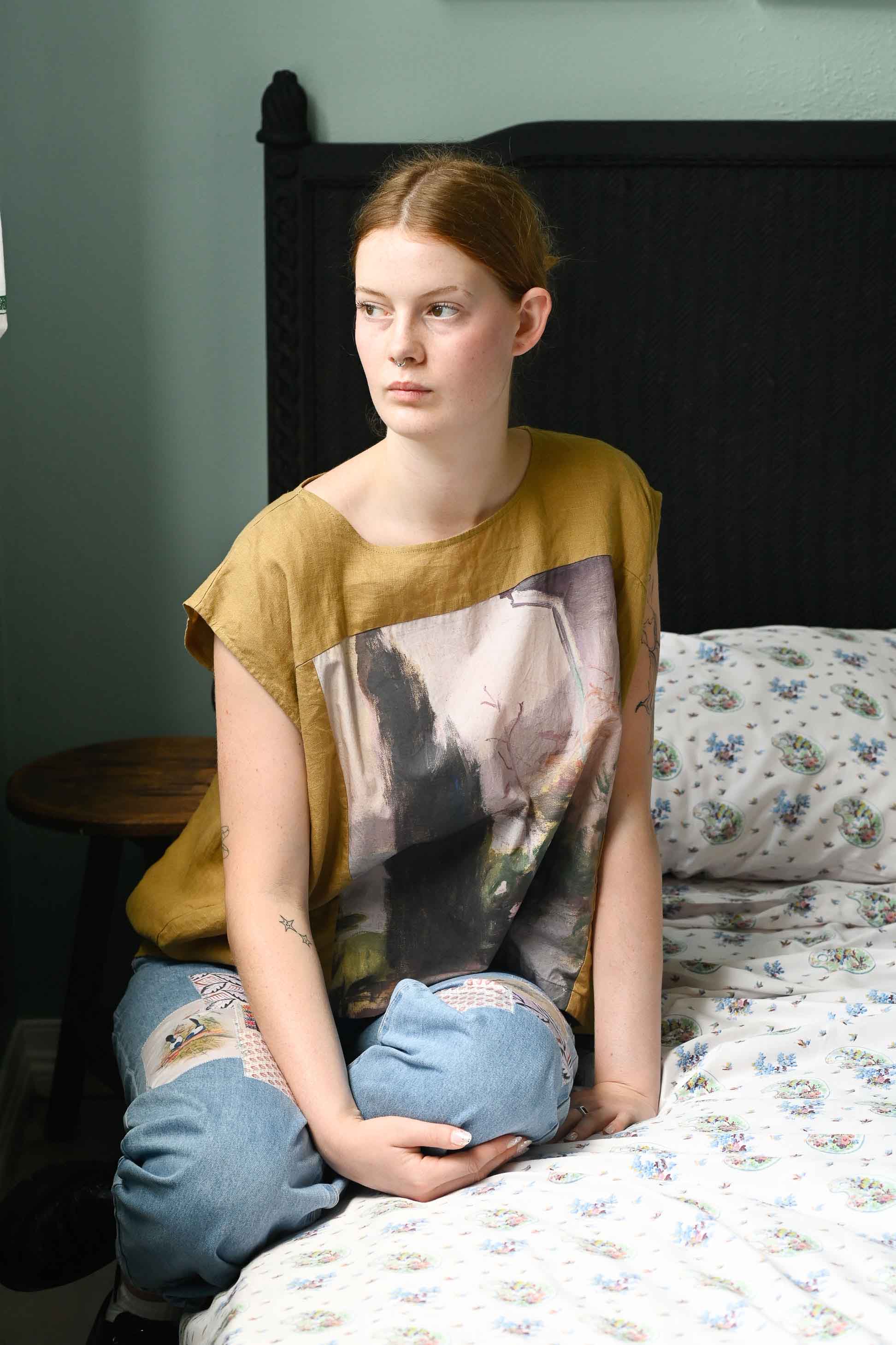 Woman in Peggy Garden Patchwork Jeans