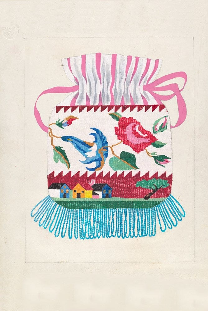 1936 Mabel Ritter sachet purse illustration with floral & bird design