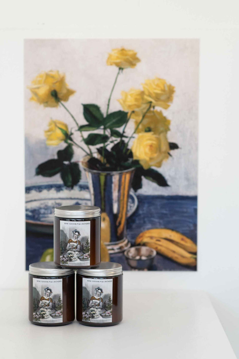 Rose Geranium Candles with yellow roses