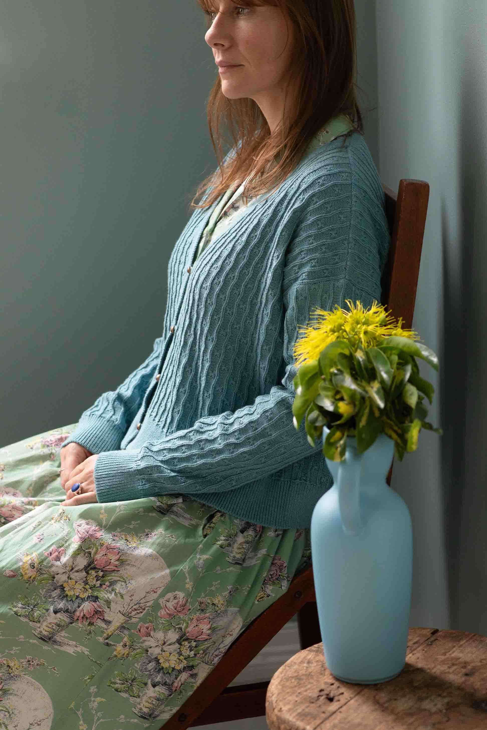 Gianna Newlyn in Sunday Cardigan, with flowers