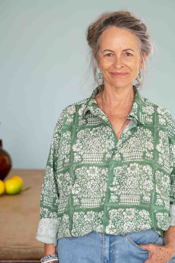 Lucy in floral Ted Shirt and jeans