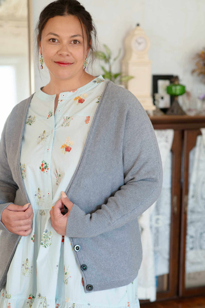 Willa Cardigan Ingrid with wildflowers