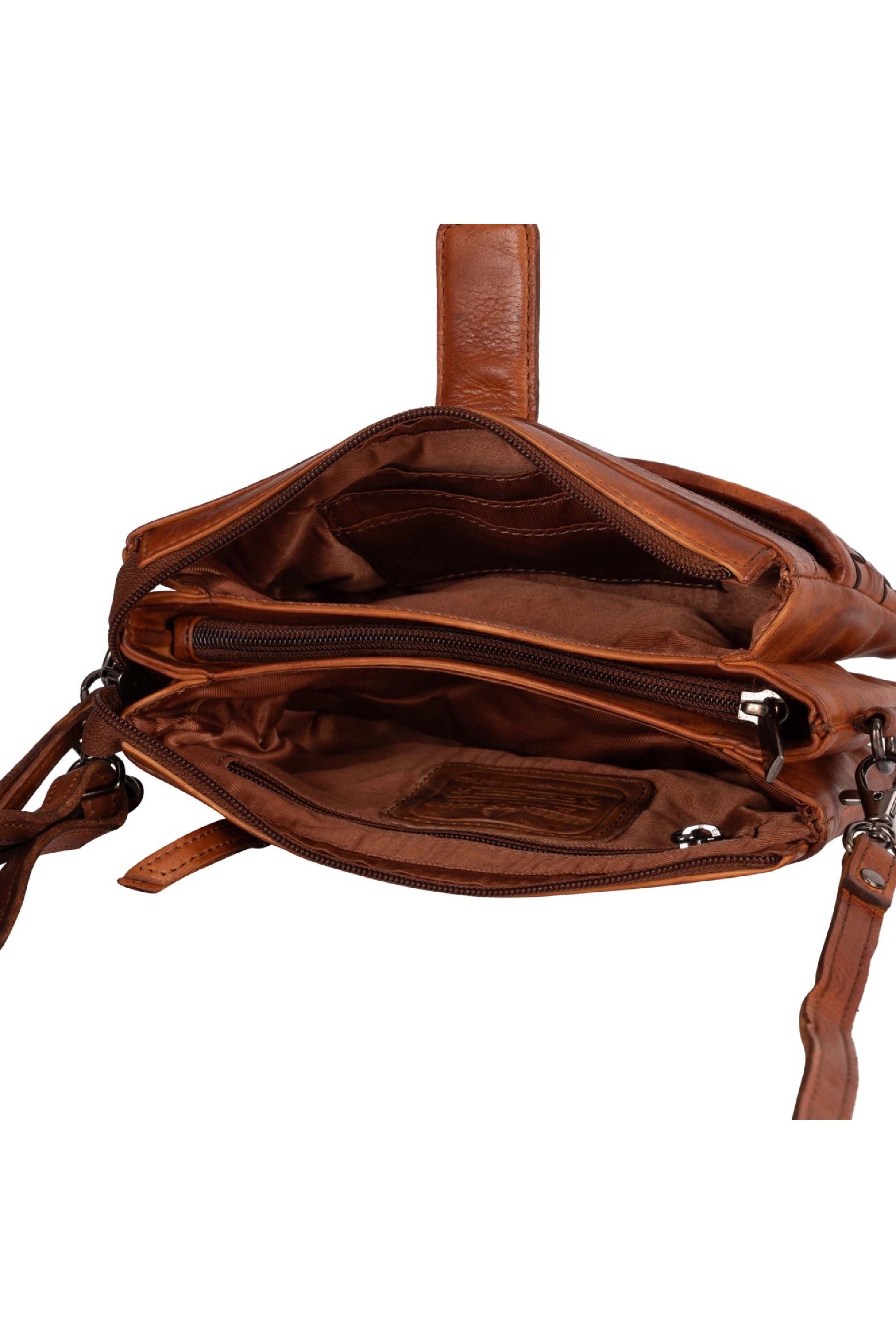 Inside view of a brown woven leather bag.