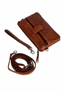 Woven leather bag with wrist strap and shoulder strap