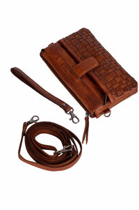 Woven leather bag with wrist strap and shoulder strap