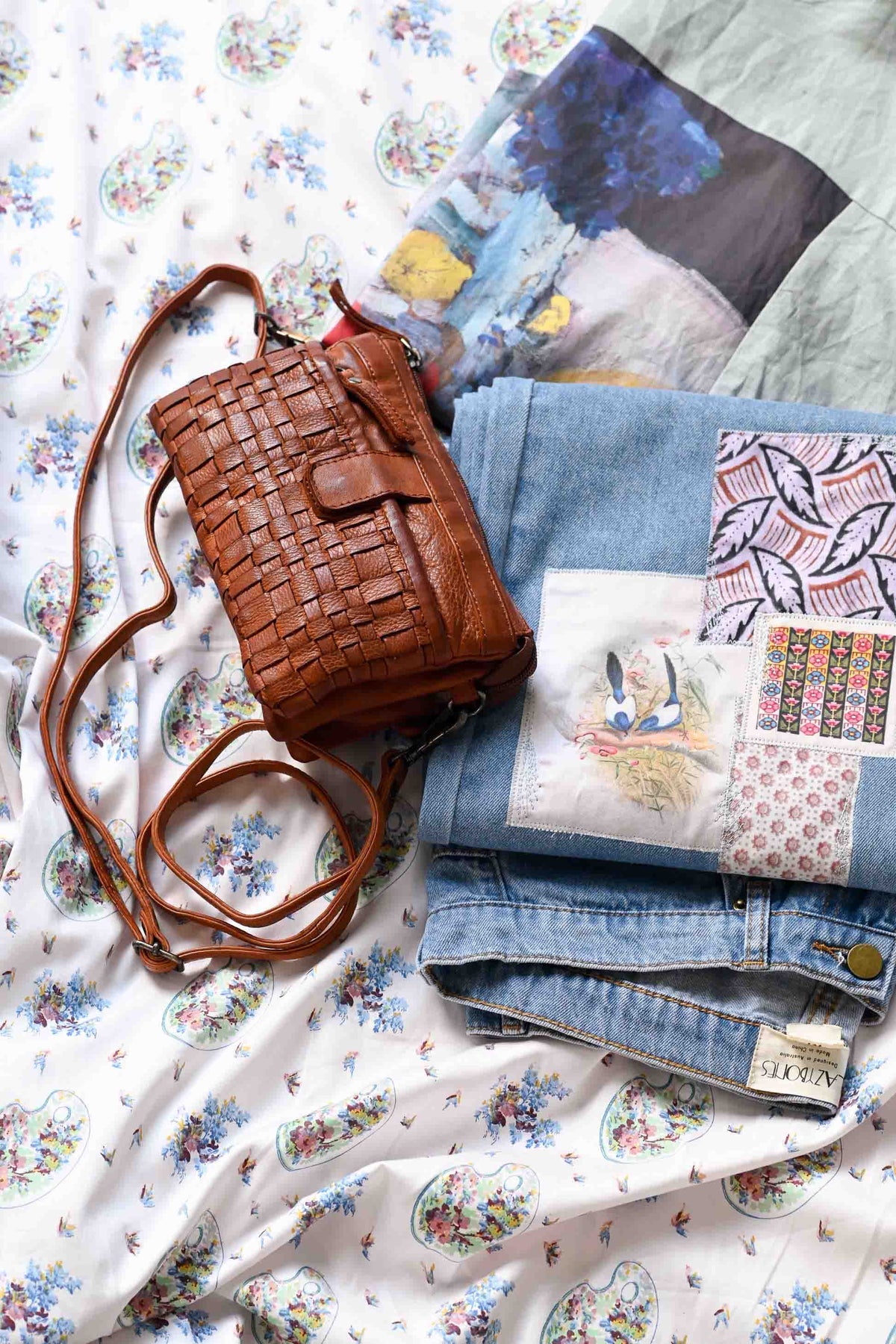 Woven leather bag & patched jeans with Peggy, morning tea scene