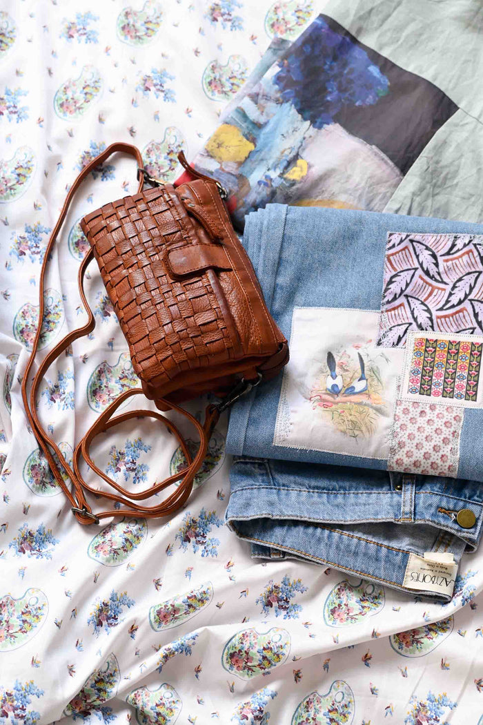 Woven leather bag & patched jeans with Peggy, morning tea scene