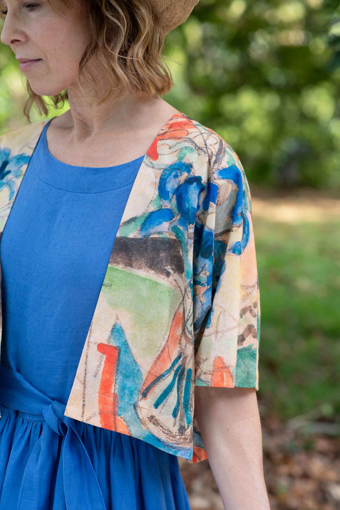 Woman wearing Wren Gentian Jane Lapis jacket