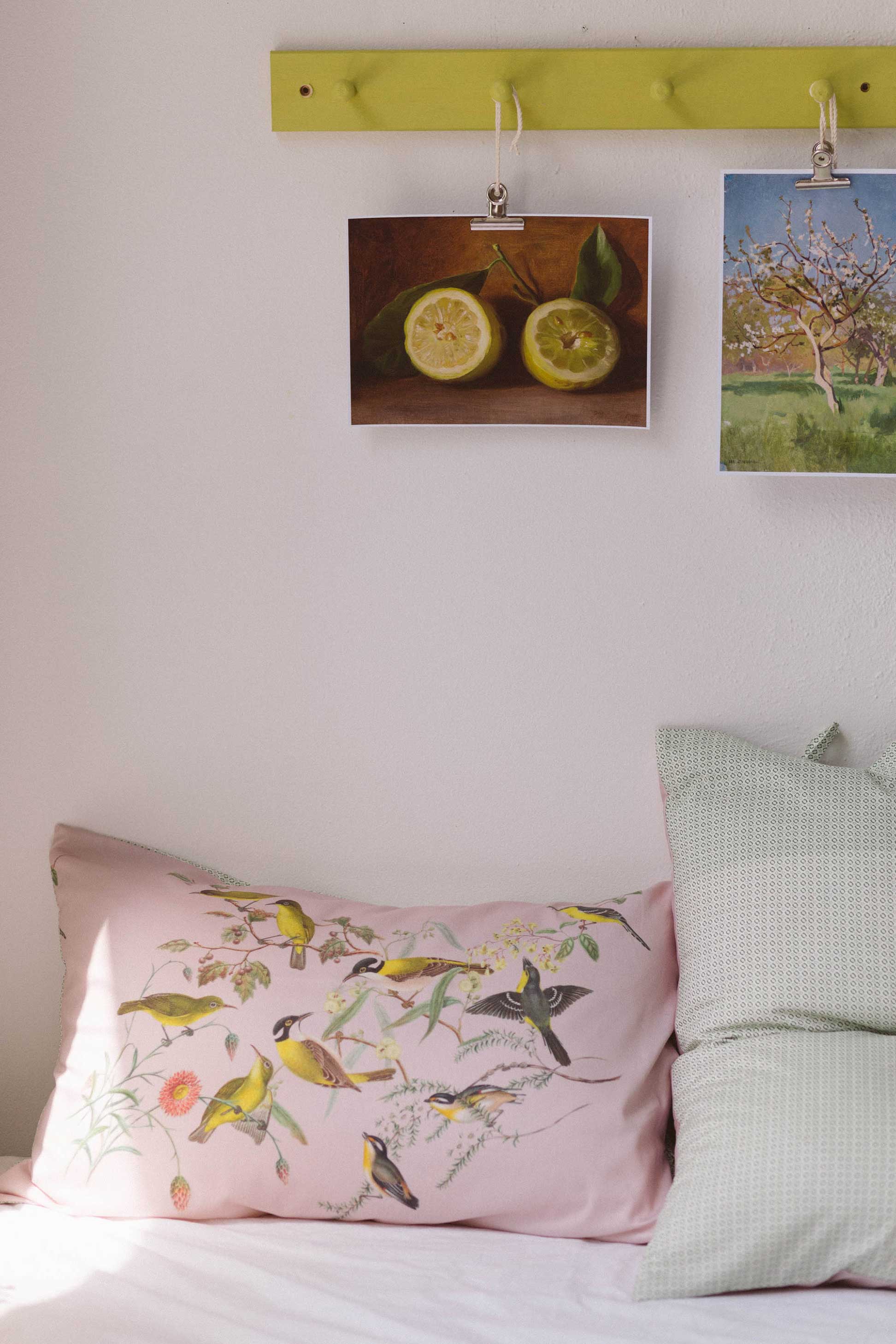 Yellow Birds Pillowcase with Lemon and Apple Tree Art Prints