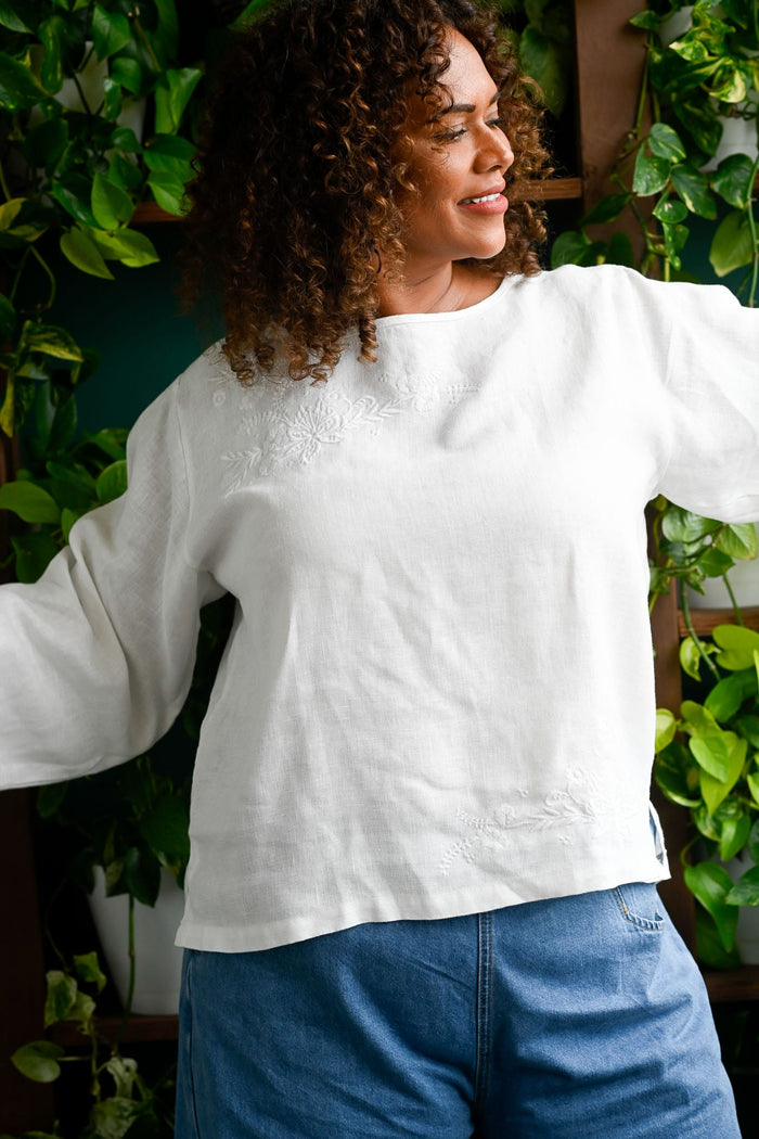 annie linen top with embroidery