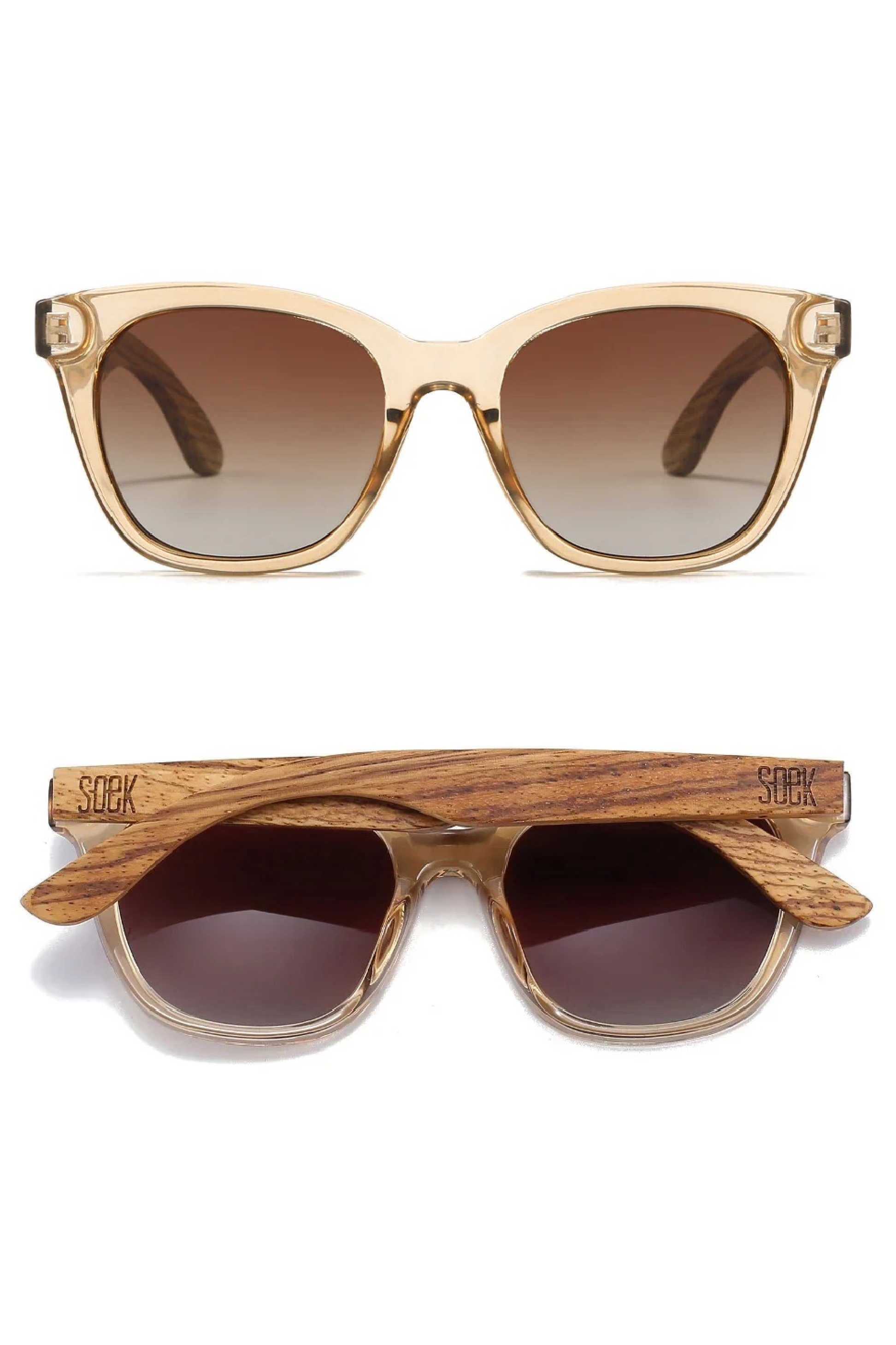Sunnies with brown gradient lenses and wooden arms