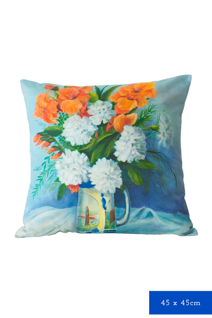 Cushion cover with vase of orange & white flowers