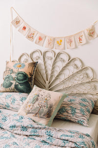 Summer top sheet with Gertrude Lovegrove cushions, Port Fairy botanicals.