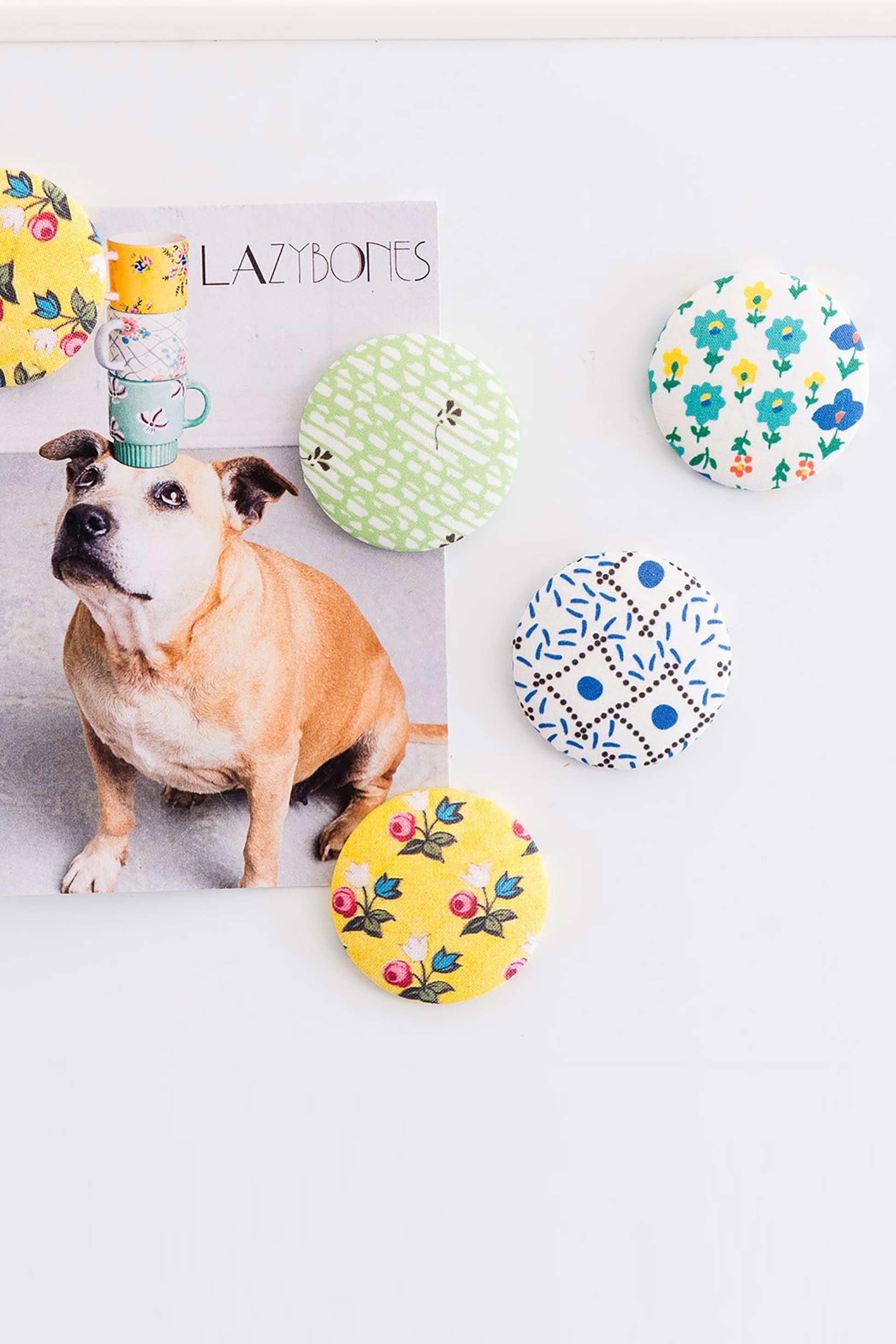 Vintage floral magnet print on fridge with dog