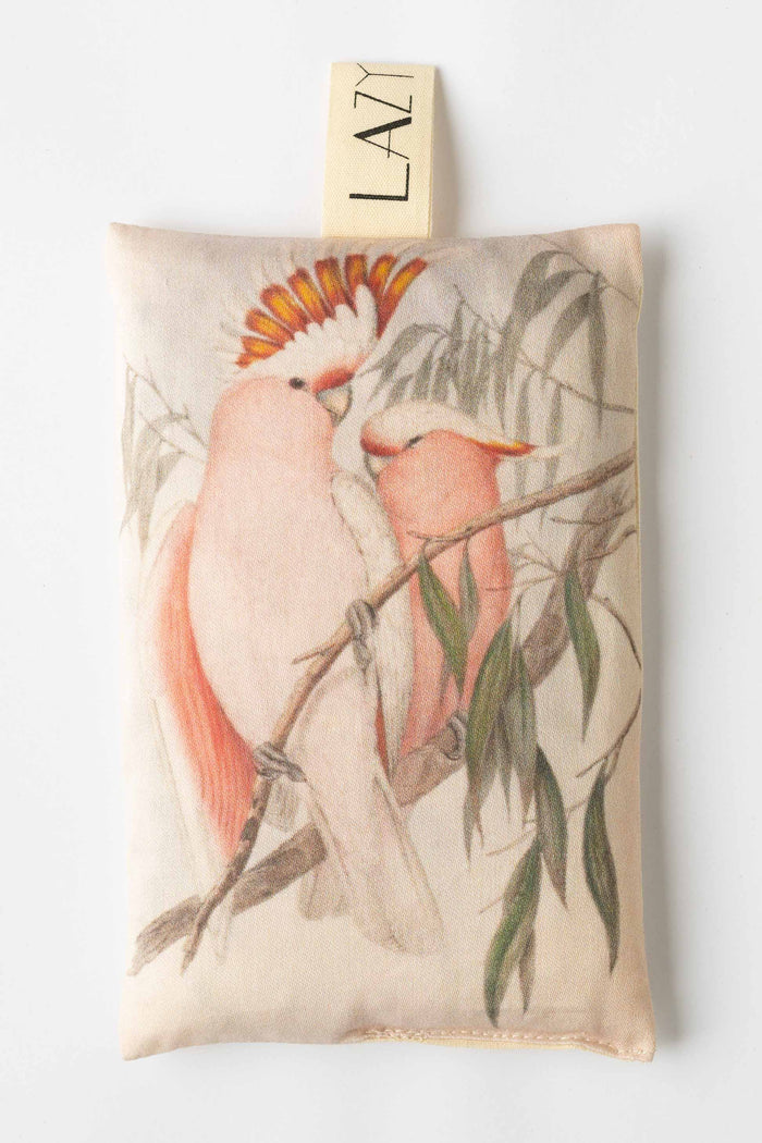 Pink cockatoo scented sachet with illustration, Lazy label