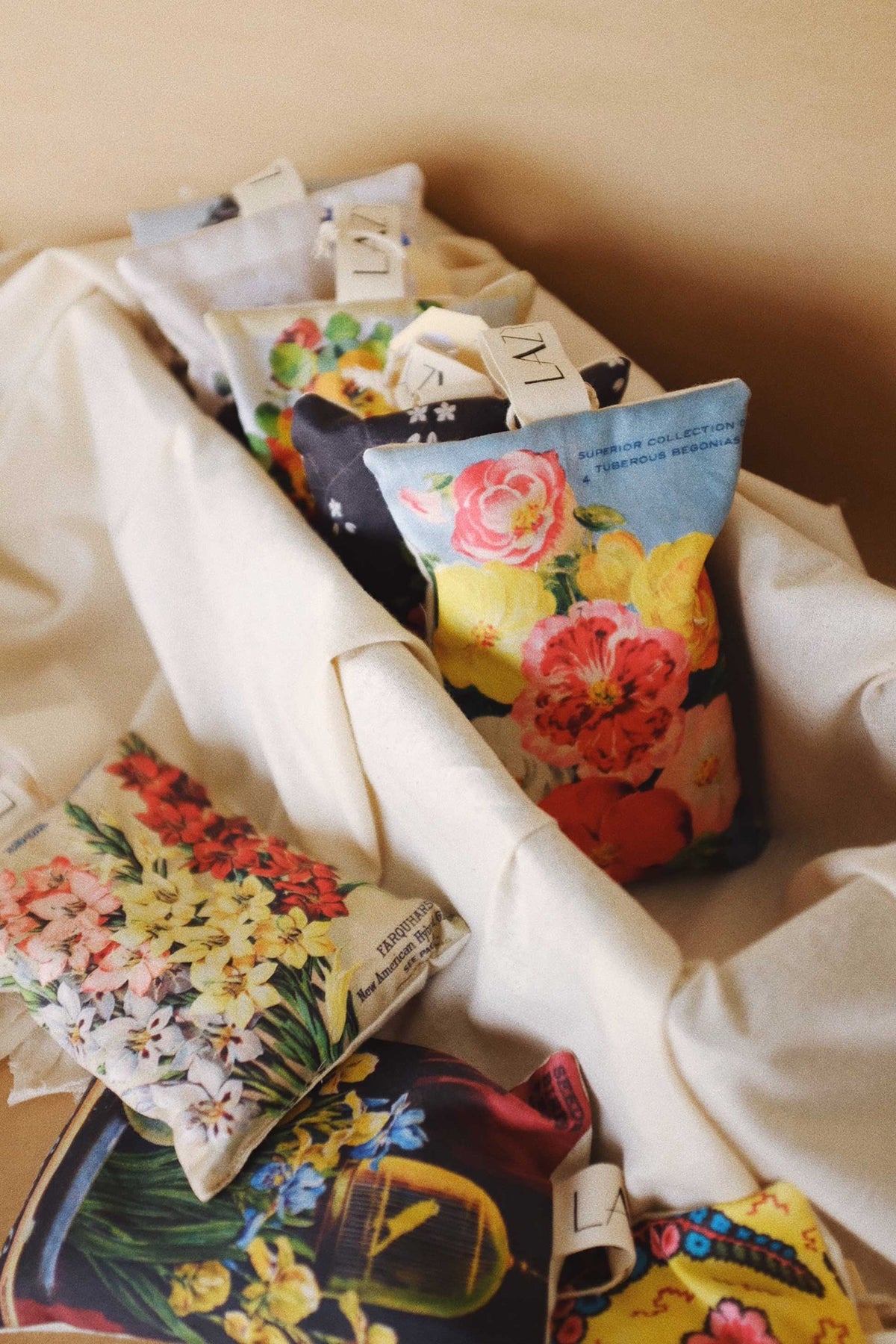 Scented Sachets with Floral Prints in a Basket