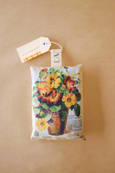 Orange and clove scented drawer sachet with vintage image of Nasturtiums on front