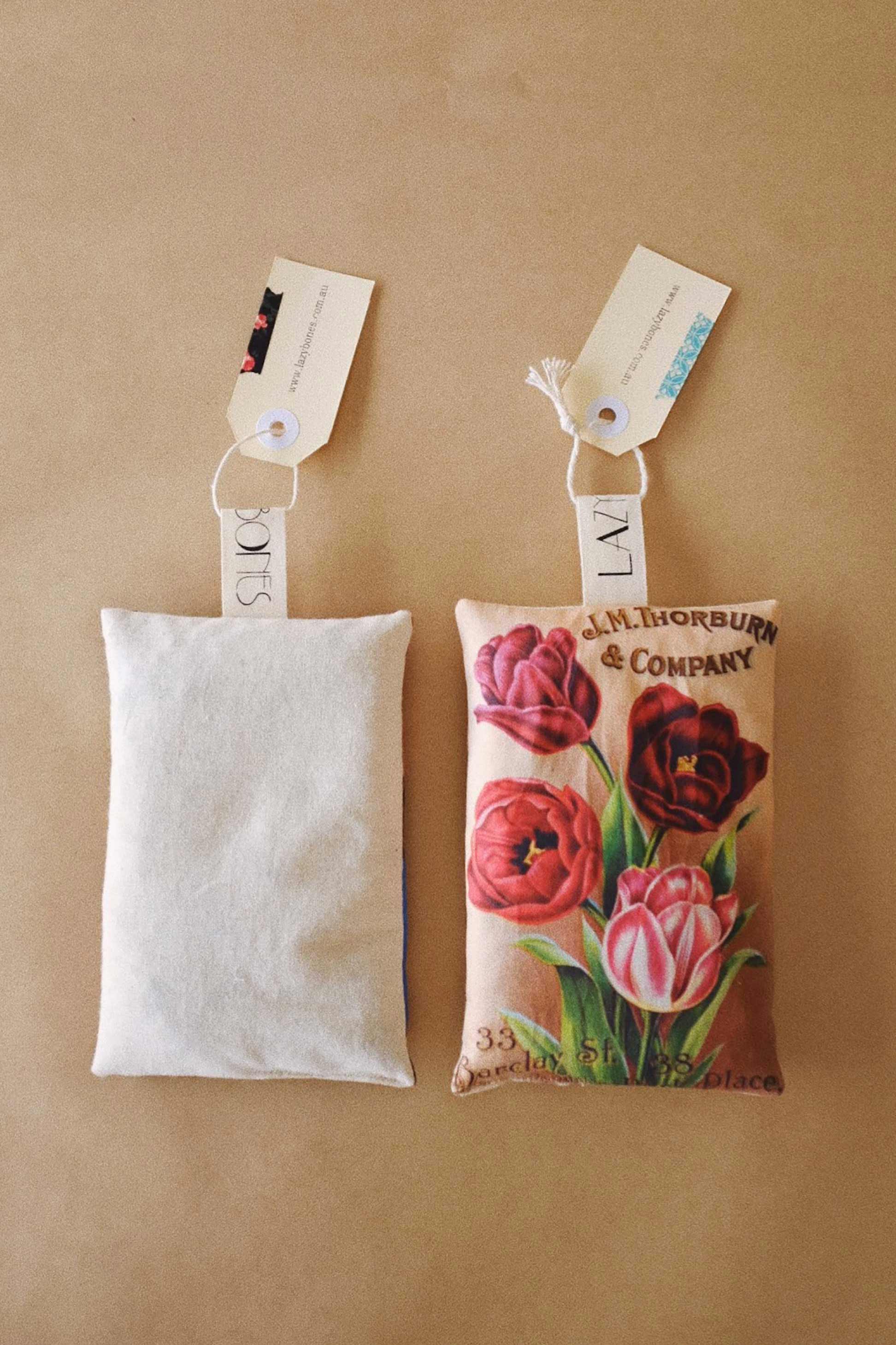 Front and back of lavender scented sachet with vintage image of tulip flowers