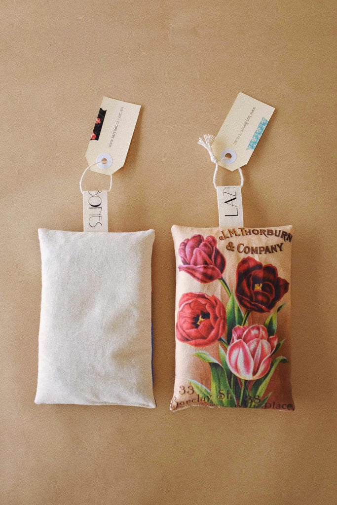 Front and back of lavender scented sachet with vintage image of tulip flowers
